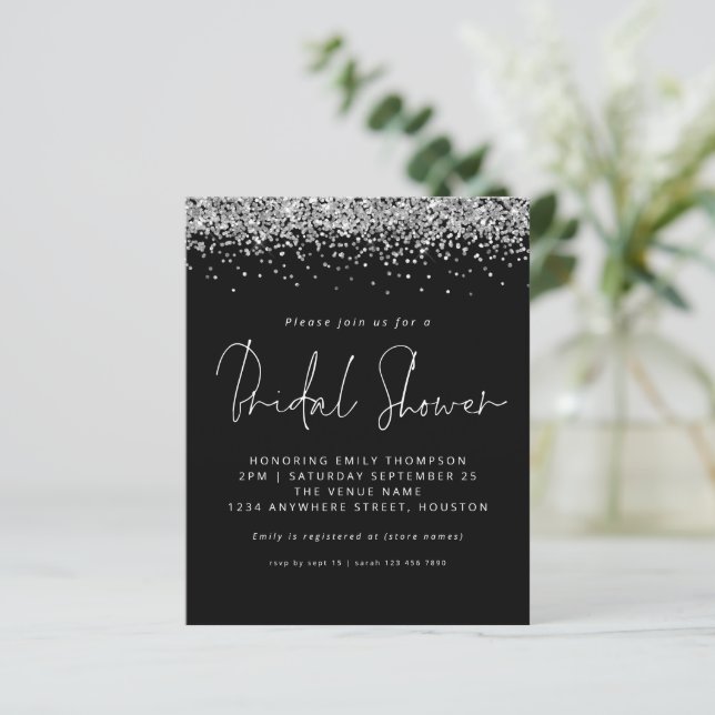 Budget Silver Glitter Bridal Shower Black Invite (Standing Front)