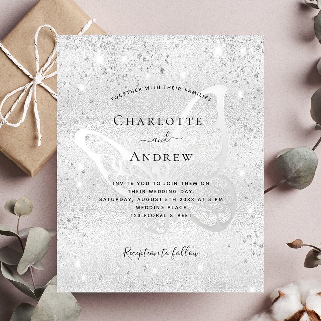 Budget silver glitter butterfly wedding invitation (Creator Uploaded)