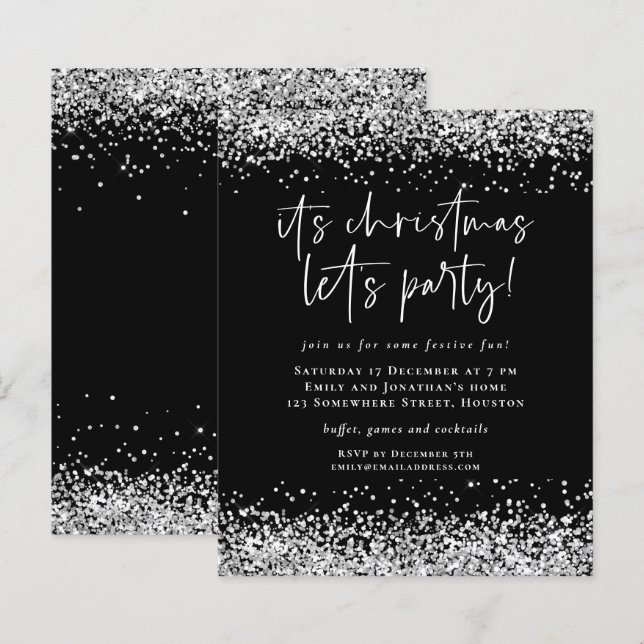 Budget Silver Glitter Christmas Lets Party Invite (Front/Back)