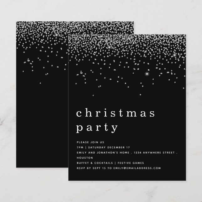 Budget Silver Glitter Christmas Party Black Invite (Front/Back)