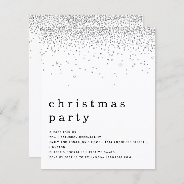 Budget Silver Glitter Christmas Party Invite (Front/Back)