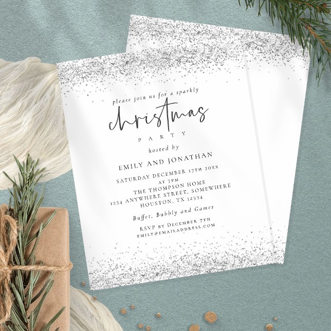 Budget Silver Glitter Christmas Party White Invite (Front and back view)