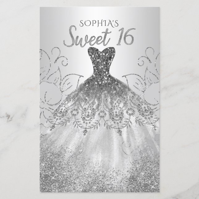 Budget Silver Glitter Dress Sweet 16  Invitation (Front)