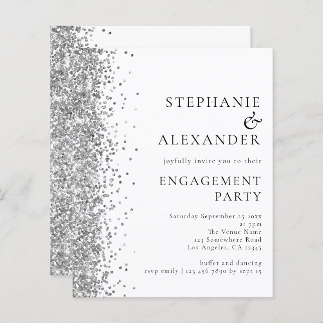 Budget Silver Glitter Engagement Party Invite (Front/Back)