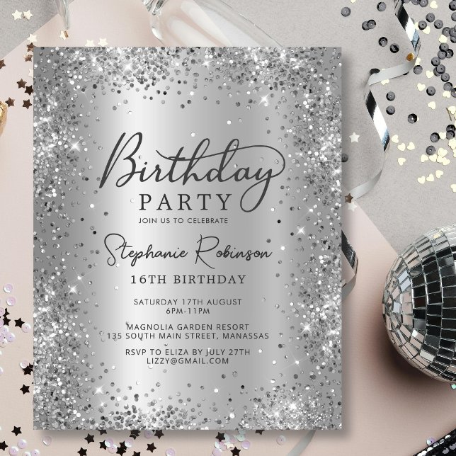 Budget Silver Glitter Metal 16th Birthday Invite (Creator Uploaded)