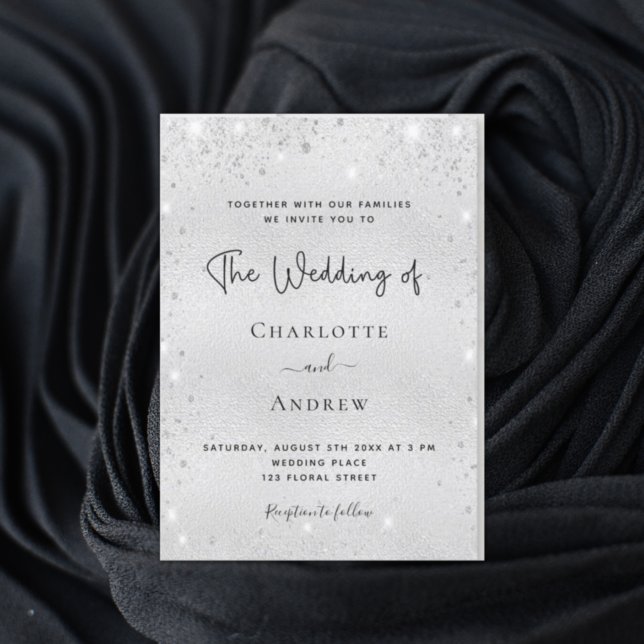 Budget silver glitter modern elegant wedding invit invitation (Creator Uploaded)