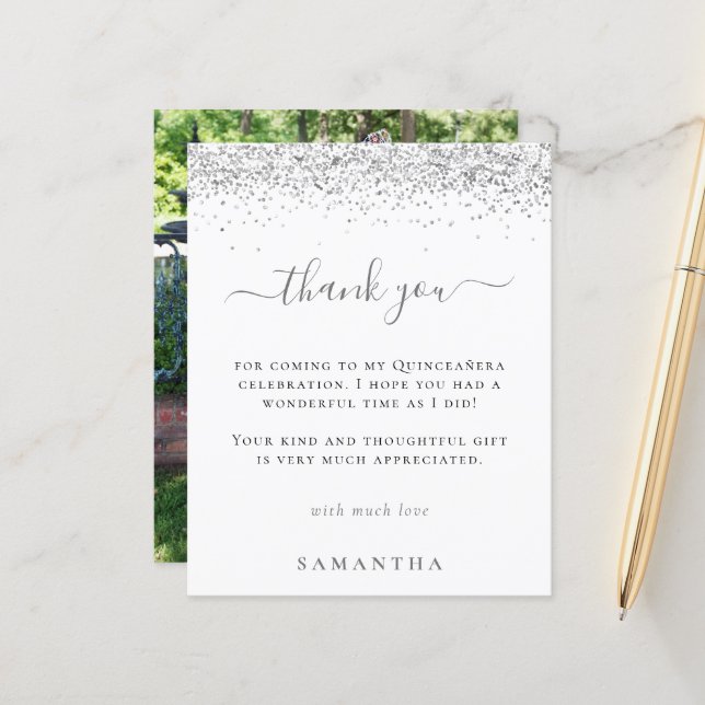 Budget Silver Glitter Photo Quinceanera Thank You (Front/Back In Situ)
