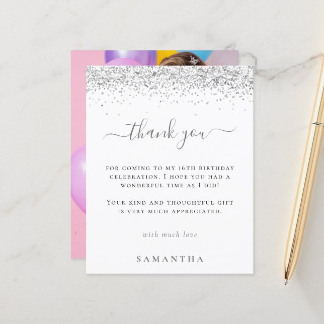 Budget Silver Glitter Photo Sweet 16 Thank You (Front/Back In Situ)