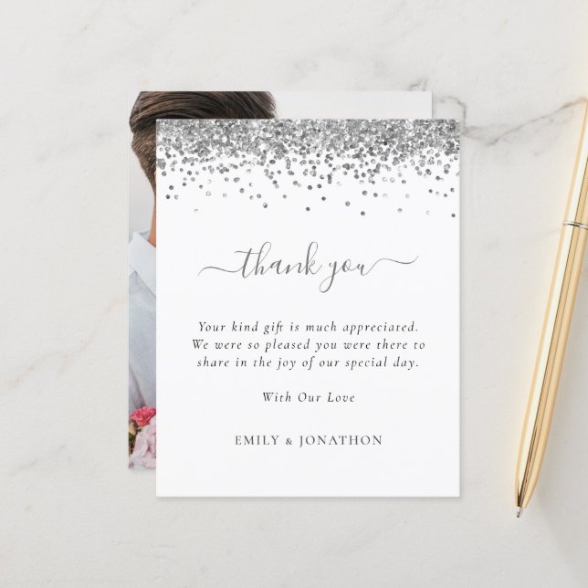 Budget Silver Glitter Photo Wedding Thank You (Front/Back In Situ)