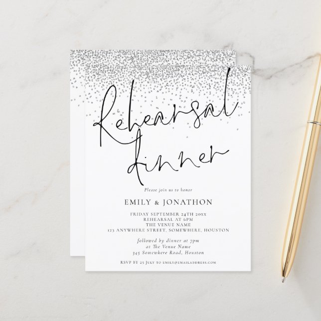 Budget Silver Glitter Rehearsal Dinner Invite (Front/Back In Situ)
