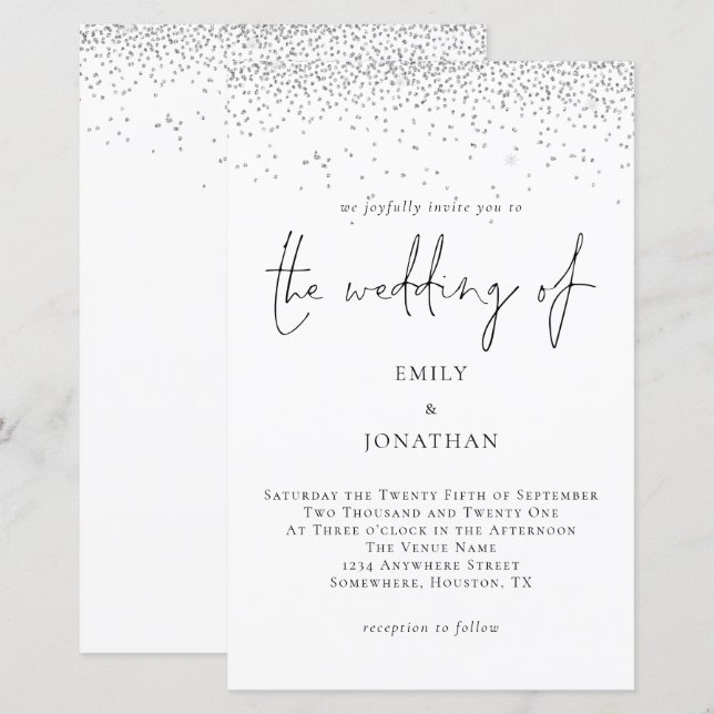 Budget Silver Glitter Script Wedding Invitation (Front/Back)
