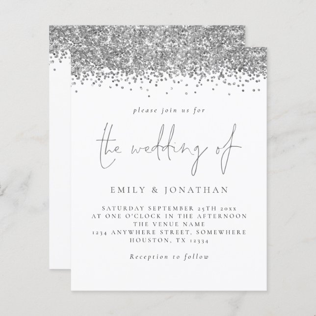 Budget Silver Glitter Script Wedding Invitation (Front/Back)