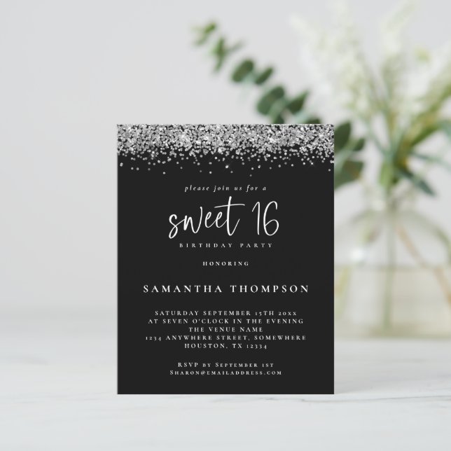 Budget Silver Glitter Sweet 16 Black Invitation  (Standing Front)