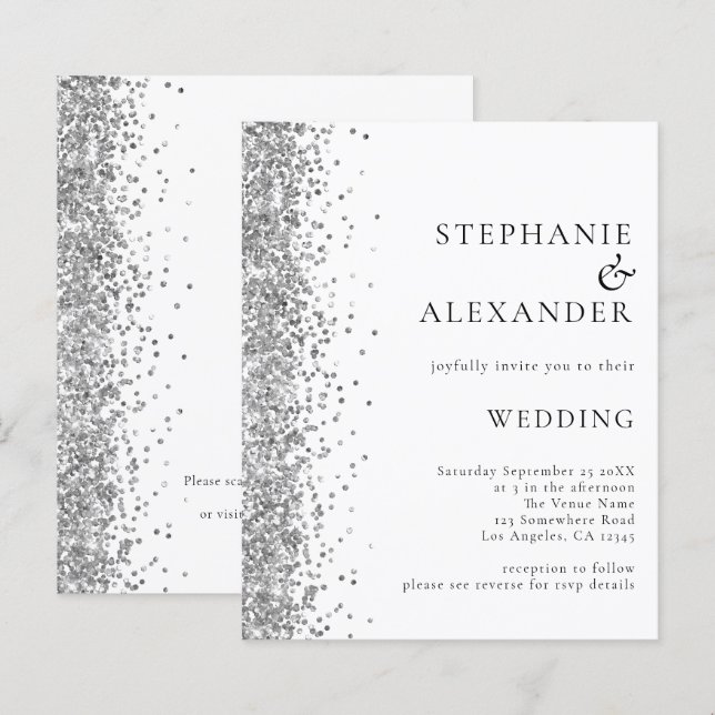 Budget Silver Glitter White Wedding Invitation (Front/Back)