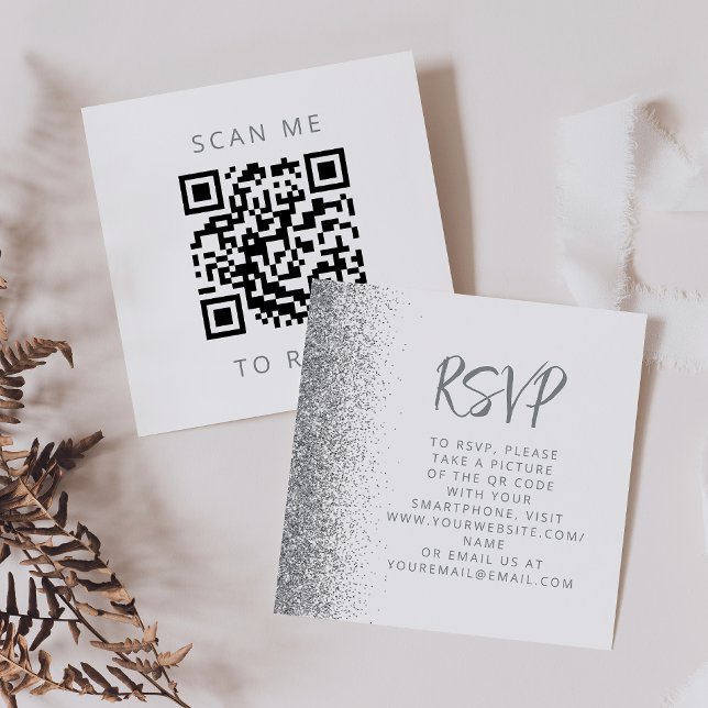 Budget Silver Glitter White Wedding QR Code RSVP Enclosure Card (Creator Uploaded)