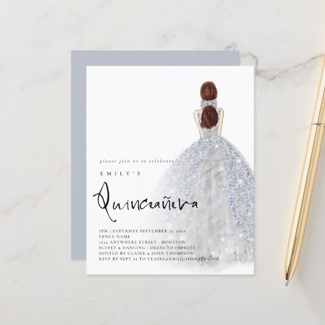 Budget Silver Gown Brunette Hair QR Quinceañera (Front/Back In Situ)