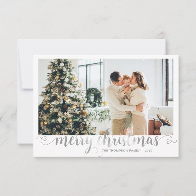 BUDGET Silver Merry Christmas Heart Script Photo Card (Front)