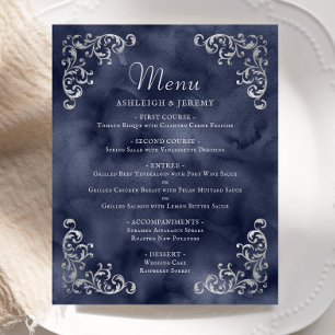 Budget Silver Navy Blue Vintage Wedding Menu