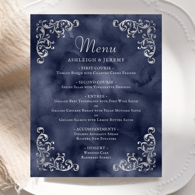 Budget Silver Navy Blue Vintage Wedding Menu (Creator Uploaded)