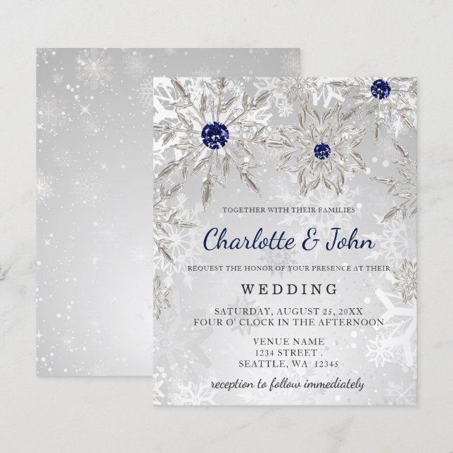 Budget Silver Navy Snowflakes Wedding Invitation (Front/Back)