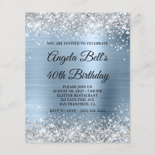 Budget Silver Pale Blue 40th Birthday Invite