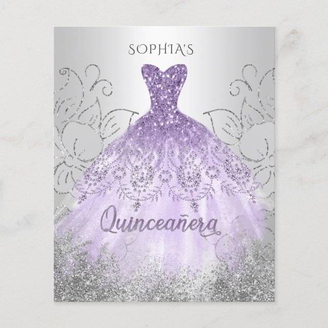 Budget Silver Purple Dress Quinceañera Invitation (Front)