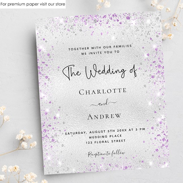 Budget silver purple glitter wedding invitation (Creator Uploaded)