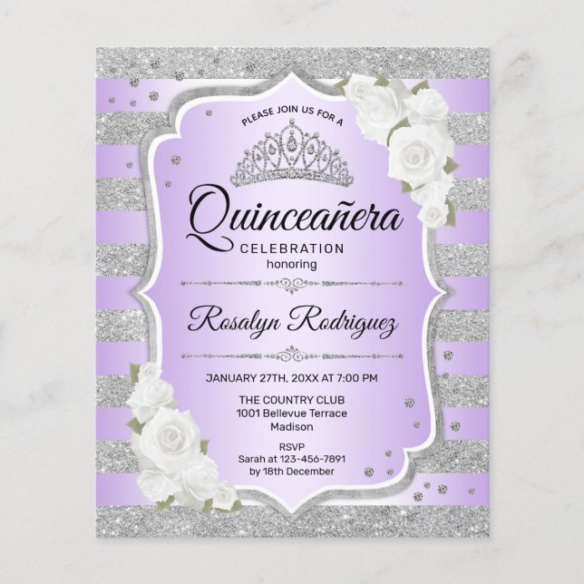 Budget Silver Purple Quinceanera Invitation Flyer (Front)