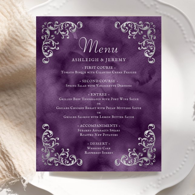 Budget Silver Purple Vintage Wedding Menu (Creator Uploaded)