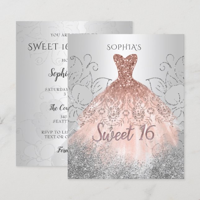 Budget Silver Rose Gold Dress Sweet 16 Invitation (Front/Back)