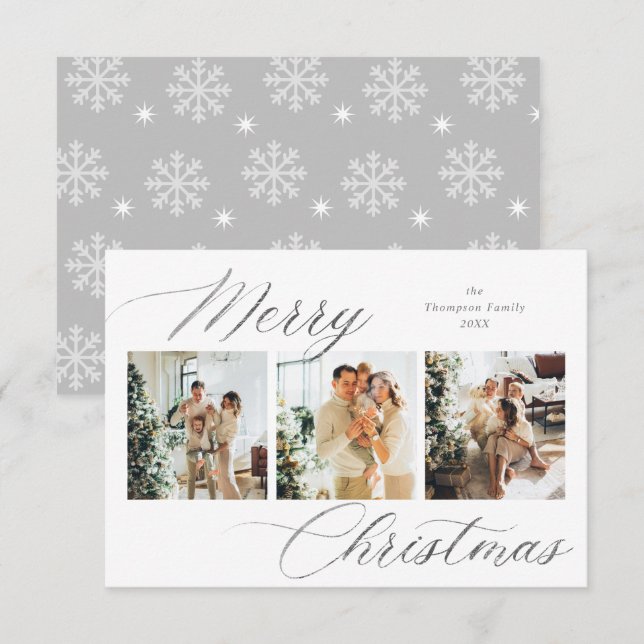 Budget Silver Script Merry Christmas Photo Collage Card (Front/Back)