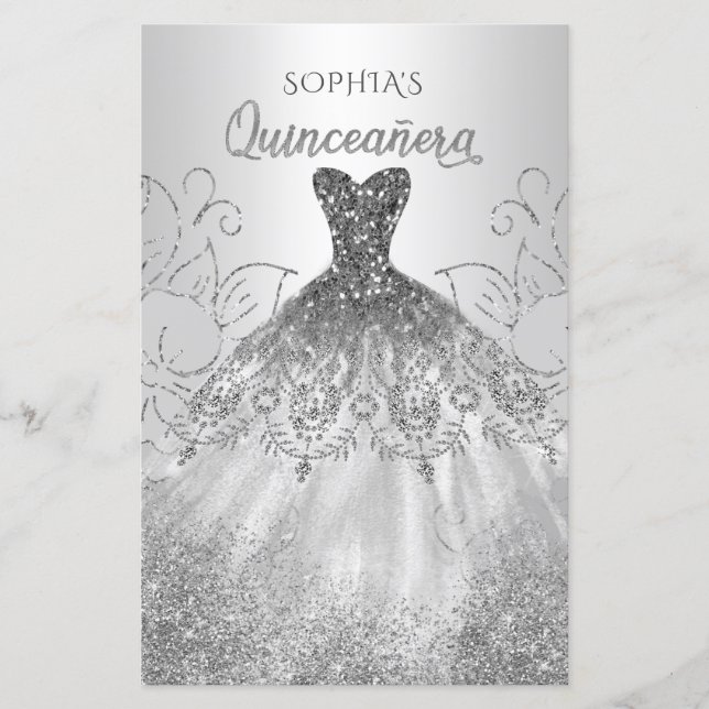 Budget Silver Sparkle Dress Quinceañera Invitation (Front)