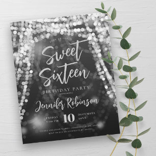 Budget Silver String Lights Sweet 16 Invite Flyer