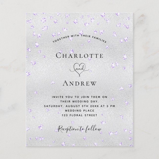 Budget silver violet hearts wedding invitation (Front)