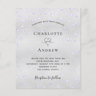 Budget silver violet hearts wedding invitation