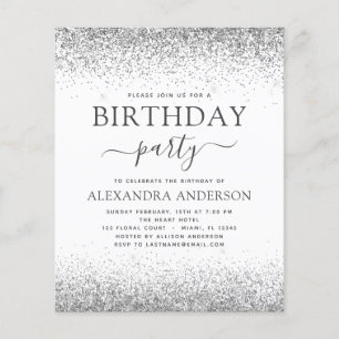 Budget Silver White Any Age Birthday Glitter Flyer
