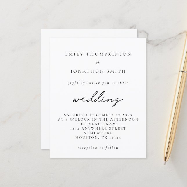 Budget Simple Any Colour Script Wedding Invitation (Front/Back In Situ)