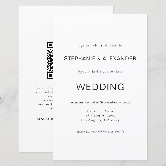 Budget Simple Black White QR Code Wedding Invite (Front/Back)