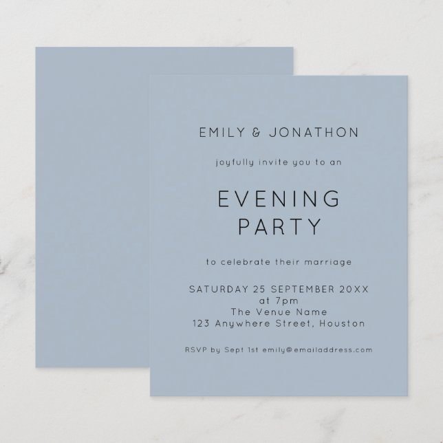 Budget Simple Blue Wedding Evening Party Invite (Front/Back)