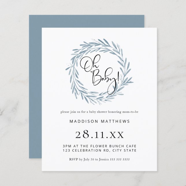 Budget Simple Blue Wreath Boy Baby Shower Invite (Front/Back)