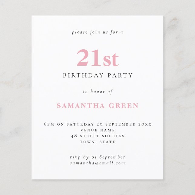Budget Simple Blush Pink 21st Birthday Invitation (Front)