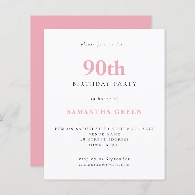 Budget Simple Blush Pink 90th Birthday Invitation (Front/Back)