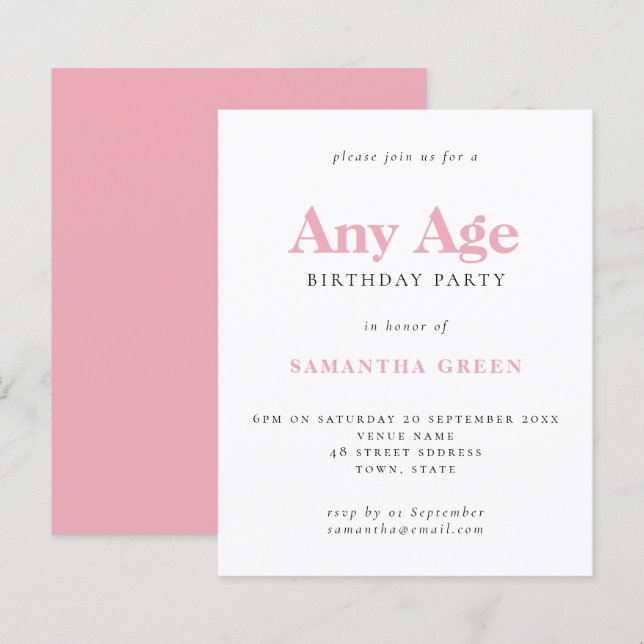 Budget Simple Blush Pink Age Birthday Invitation (Front/Back)
