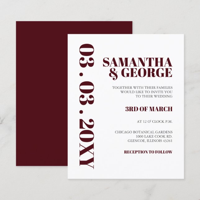 Budget Simple Burgundy Modern Wedding Invitation (Front/Back)