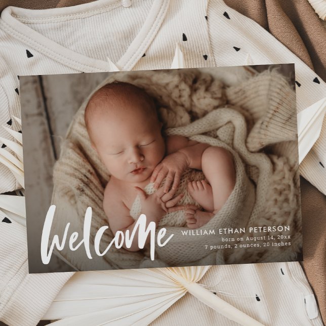 Budget Simple Calligraphy Baby Three Photo Birth Announcement (Creator Uploaded)