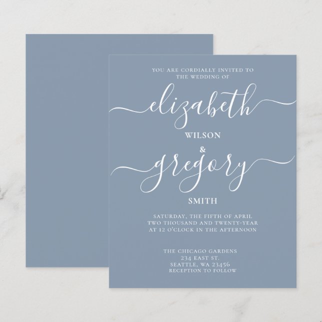 Budget Simple Dusty Blue Modern Wedding Invitation (Front/Back)