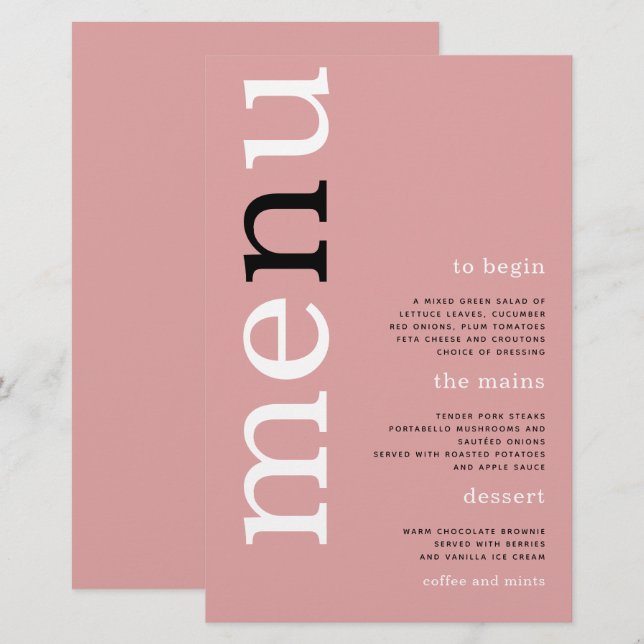 BUDGET Simple Dusty Rose Typography Wedding Menu (Front/Back)