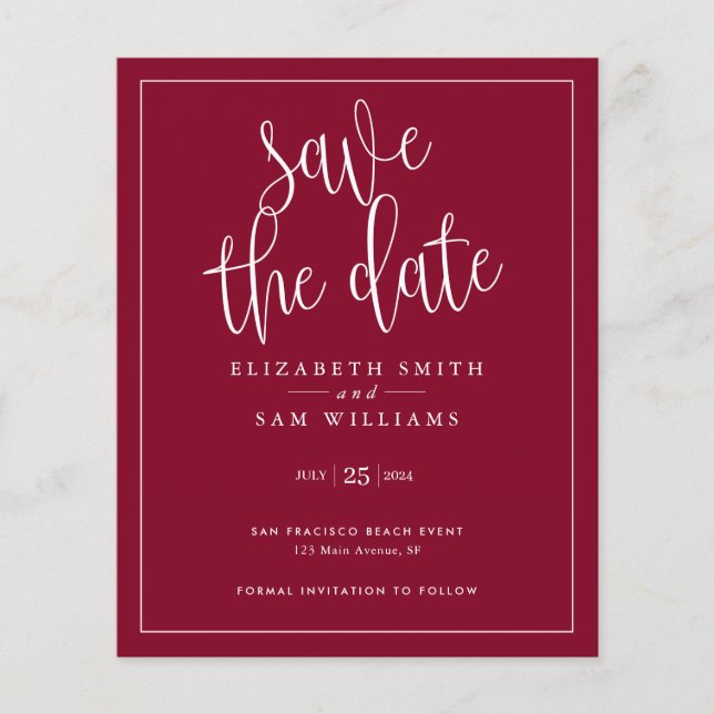 Budget Simple Elegant Burgundy Red Save the Date  Flyer (Front)