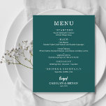 Budget Simple Elegant Dark Teal Wedding Menu<br><div class="desc">An affordable, value paper dinner menu card on dark teal with your food choices in chic white lettering is perfect for a modern wedding reception, wedding rehearsal dinner, anniversary party or any special event with a sit-down dinner. Measures 4.5" x 5.6" (or choose from 2 other sizes) printed on 110...</div>