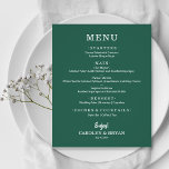 Budget Simple Elegant Emerald Green Wedding Menu<br><div class="desc">A dinner menu card on emerald green with your food choices in chic white lettering. Perfect for a modern wedding reception, wedding rehearsal dinner, anniversary party or any special event with a sit down dinner. Measures 4.5" x 5.6" (or choose from 2 other sizes) printed on 110 lb. weight paper....</div>